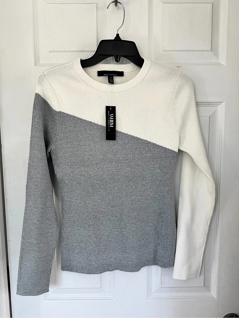 White House Black Market Shimmer Color-Block Sweater in white & gray/silver NWT